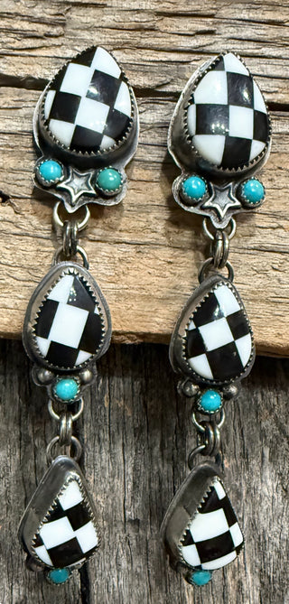 Sterling Silver Black & White Checkered Turquoise Dangle Earrings