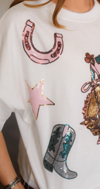 Up close Howdy Hanny Dolman Sparkle Tee – Sequin Rodeo Graphic Western Top for Women