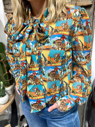 Western Pop Art Tie Neck Sheer Blouse for Women | Retro Cowboy Print Top- Howdy Hanny