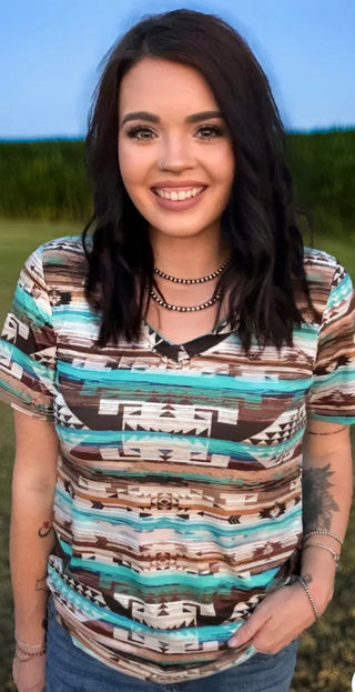 Turquoise Rust Southwestern V-Neck Top
