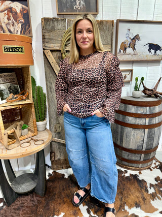 Leopard Print Mesh Top for Women – Brown Cheetah Ruffle Sleeve Shirt, Western Boutique Long Sleeve Fitted Top