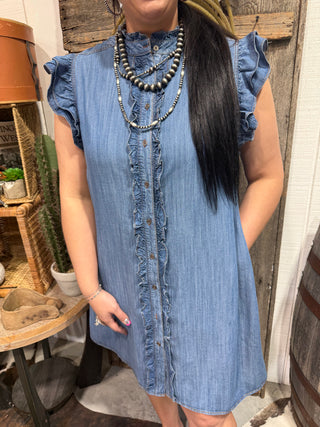 Ruffled Chambray Denim Button-Front Dress | Western Flutter Sleeve Shift Dress