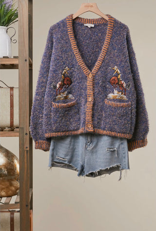 Women’s Bucking Horse Embroidered Fuzzy Knit Cardigan | Western Button Front Sweater