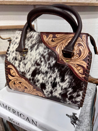 Tooled Leather & Hair-On Cowhide Western Handbag | Genuine Leather Cowhide Speedy Purse- Medium