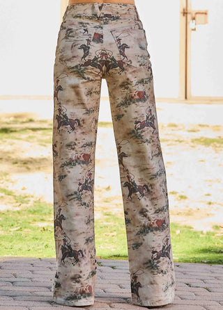 Vintage Western Cowboy Print Wide-Leg Pants – High-Waisted Retro Rodeo Trousers