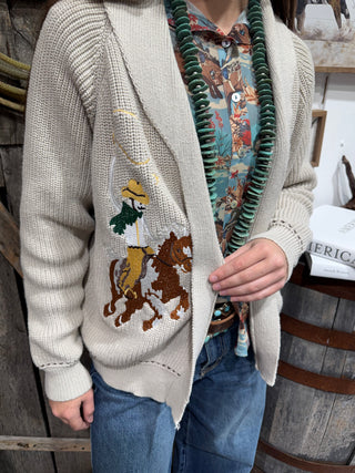 Bronc Rider Rodeo Embroidered Cardigan-Tan