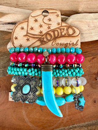 Turquoise Western Tusk Bracelet Stack | Hot Pink Cowgirl Beaded Stretch Bracelets