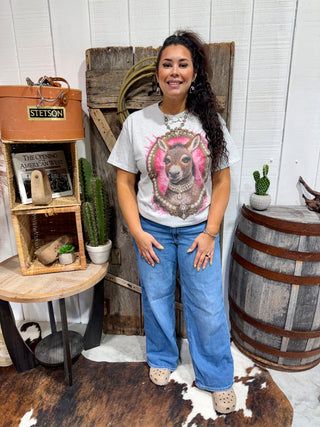 Pink Donkey Graphic Tee with Rhinestone Frame | Western Cowgirl Statement Shirt