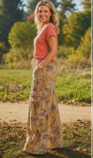 Floral Balloon Pocket Wide Leg Cargo Pants for Women – Boho Drawstring Pocket Pants