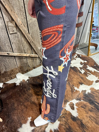 Yee Haw Howdy Western Print Wide Leg Pants