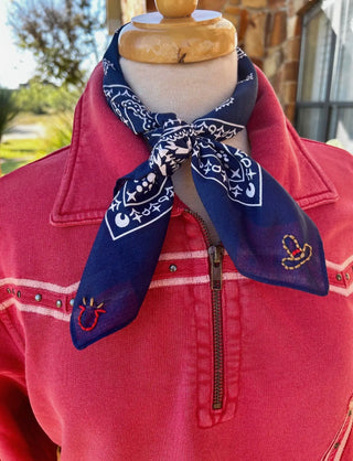 All Hat No Cattle Navy Wild Rag Scarf with Cowboy Hat Hand Embroidery | Western Bandana Wild rag