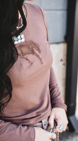 2 Fly Co Buck Out Cut-Out Horse Long Sleeve Top-Chocolate Brown