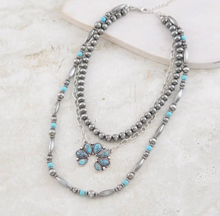 Western Turquoise Squash Blossom Layered Necklace Set – Navajo Pearl Style Beaded Silver Chain Cowgirl Statement Jewelry