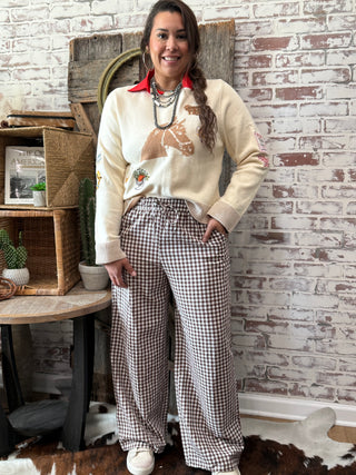 Black & White Gingham Wide-Leg Boxer Style Pants – Elastic Waist Drawstring Trousers