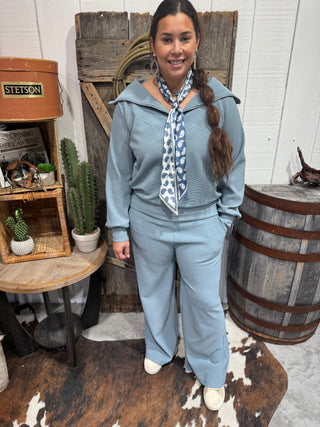 Zenana Dusty Blue Ribbed Loungewear Set - Chic Matching Loungewear