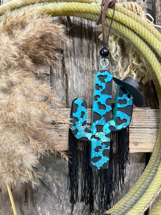 Turquoise Leopard Cactus Car Freshie – Western Fringe with Cowboy Hat