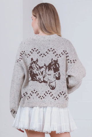 Western Horses Knit Cardigan – Speckled Bucle’ Cream Button-Up Sweater