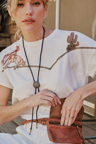 Western Cowboy Embroidered Graphic Tee for Women – Rodeo Horse & Cactus Shirt | Vintage Western 