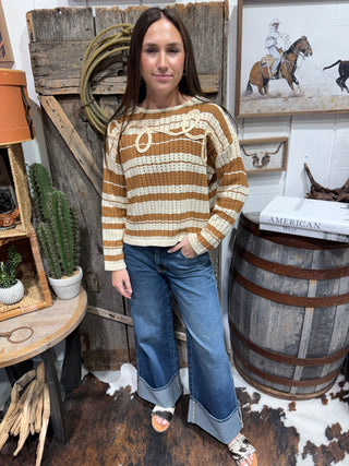 Western Mom Cropped Sweater – Camel & Cream