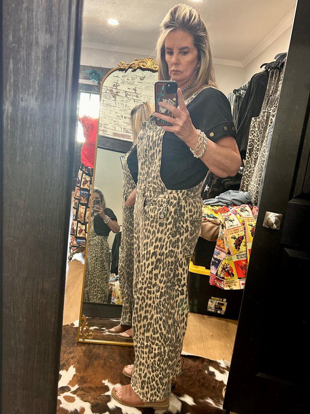 Leopard Print Barrel Overalls