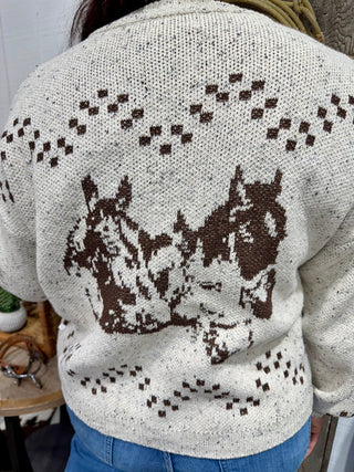 Western Horses Knit Cardigan – Speckled Bucle’ Cream Button-Up Sweater