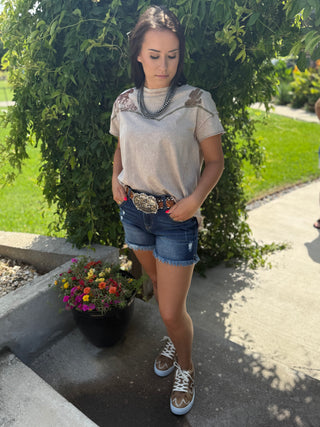 The Lone Cowgirl Western Embroidered Yoke High Low T Shirt-Taupe
