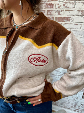 Cowgirl Rodeo Horse Graphic Western Zip Up Cardigan-Brown