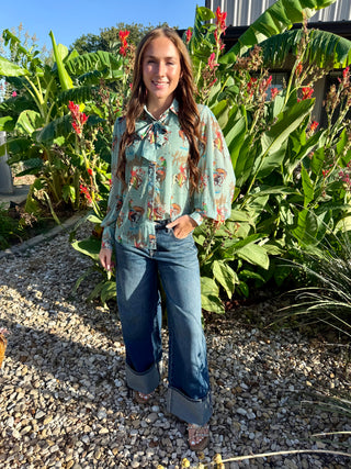 Howdy Yeehaw Mesh Tie Neck Top | Turquoise Haven