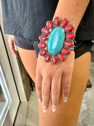 Turquoise & Coral Concho Cuff Bracelet | Western Statement Cuff