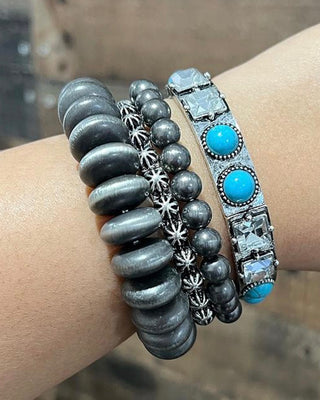Turquoise Concho & Navajo Pearl Western Bracelet Stack | Silver Stretch Cowgirl Set of 4