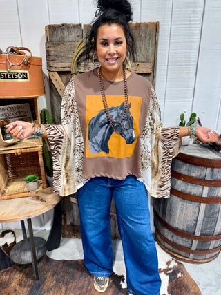 Mocha Wild Horse Graphic Top | Western Animal Print Scarf Sleeve Cowgirl Blouse