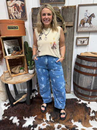 Western Rodeo Print Barrel Leg Jeans for Women | High Rise Cowboy Graphic Denim Pants