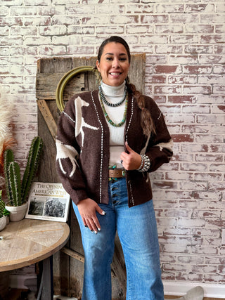 Brown Knit Horse Cardigan with V-Neck & Button Front – Western Style Sweater