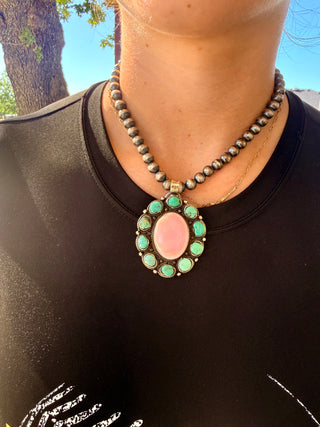 Pink Conch & Kingman Turquoise German Silver Pendant