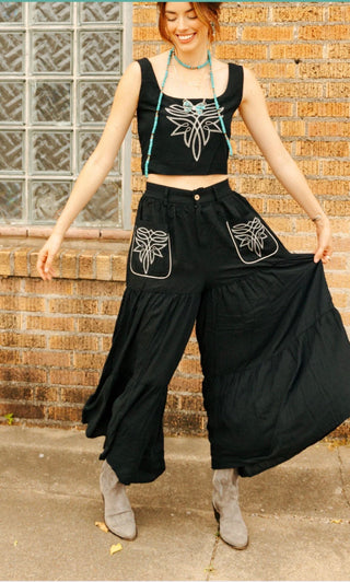 Black Boot Stitch Embroidered Western Crop Top & Tiered Wide-Leg Pants Set