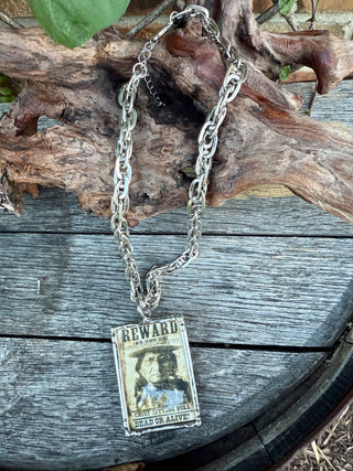 Vintage Chief Sitting Bull Wanted Poster Necklace – Western Outlaw Statement Pendant