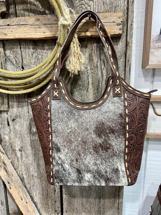 Trinity Ranch Coffee Cowhide Tooled Tote Bag -Concealed Carry