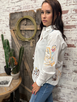 Yippee Ki Yay Embroidered Linen Blouse-White