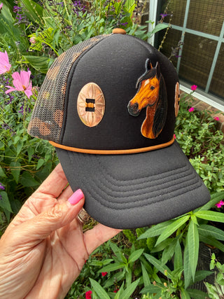 Bay Horse Western Trucker Hat with Copper Conchos | Black Camo Mesh Snapback Cap