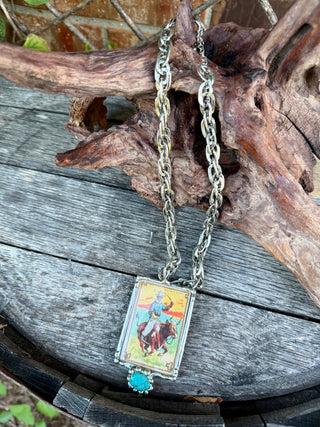 Vintage Steer Rider Cowboy Rodeo Pendant Necklace with Turquoise Accent