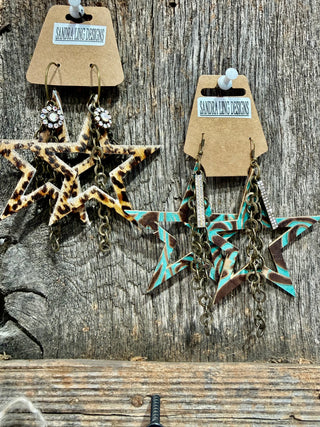 Western Star Leather Cut Out Statement Earrings with Chain Fringe – Leopard or Turquoise Cowhide