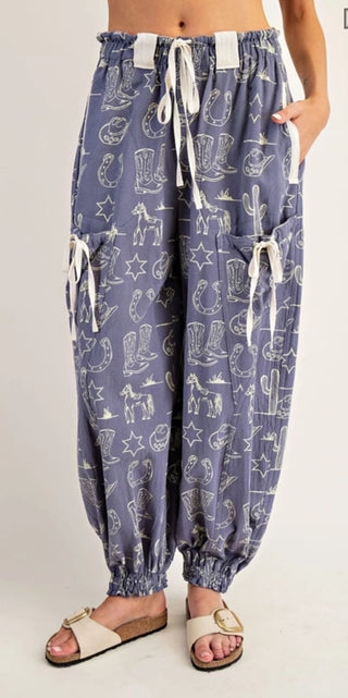 Denim Western Print Cowgirl Jogger Cargo Pants