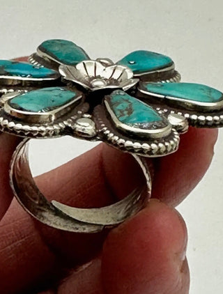 Nepal Turquoise Flower Statement Ring – Tibetan Silver Adjustable