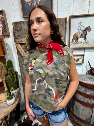 Western Embroidery Camo Rope & Cowboy Boot Muscle Tank