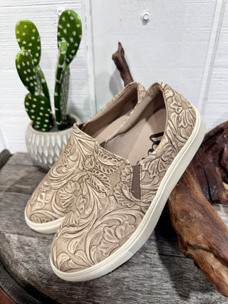 Tooled Floral Slip-On Sneakers – Cream Western Embossed Casual Shoes for Women
