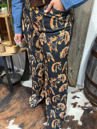 Wild Mustang Relaxed Fit Wide Leg Pants – Western Horse Print Dressy Trousers