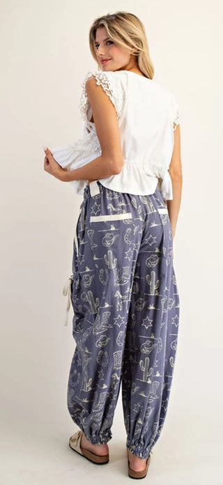 Denim Western Print Cowgirl Jogger Cargo Pants