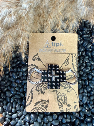 Studded Cross Twilly Slide – Western Scarf Ring for Wild Rags | Silver & Black Cowgirl Accessory