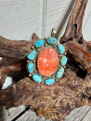 Tibetan German Silver Kingman Turquoise & Orange Spiny Oyster Pendant | Southwestern Statement Pendant