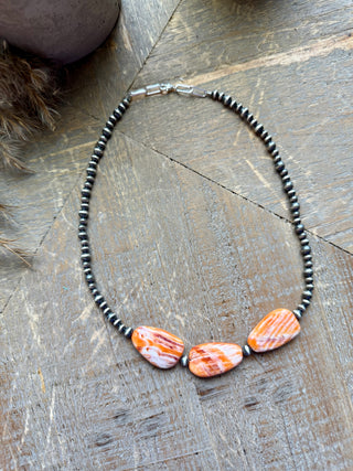 Orange Spiny & Sterling Silver Pearls Choker